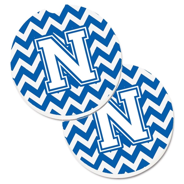 Carolines Treasures Letter N Chevron Blue and White Set of 2 Cup Holder Car Coaster CJ1045-NCARC - main